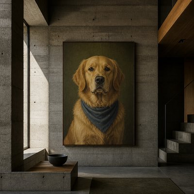 portrait of a golden retriever wearing a blue bandana, warm plain backdrop, no text