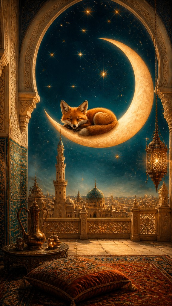 a sleeping baby fox curled on a crescent moon among soft stars, gentle and warm, no text