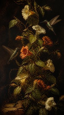 a climbing vine of flowers and hummingbirds on a dark background, tall wrapping composition, no text