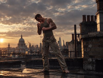 a man standing on top of a roof next to a building