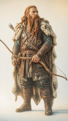 full-body original character: a dwarven ranger with a braided auburn beard, worn leather armor, a longbow and a wolf-pelt cloak, neutral background, no text