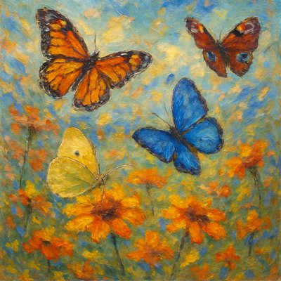Butterflies of different types, enjoying a light breeze as they lite upon fall flowers.