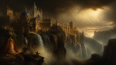 a cliffside city with waterfalls cascading into a misty canyon, wide establishing shot, no people, no text