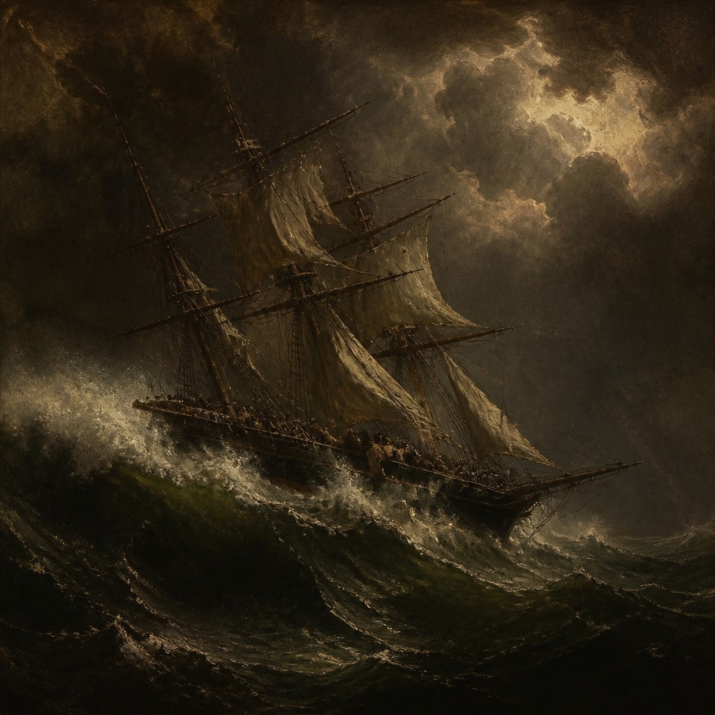 sailing ship on a stormy sea — Munich School Art Style