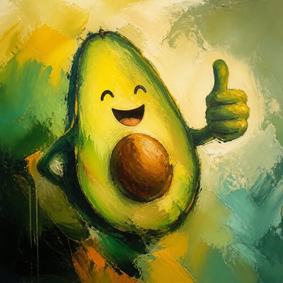 a happy avocado character giving a thumbs up, bold readable design on a plain background, no text
