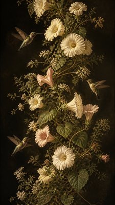 a climbing vine of flowers and hummingbirds on a dark background, tall wrapping composition, no text