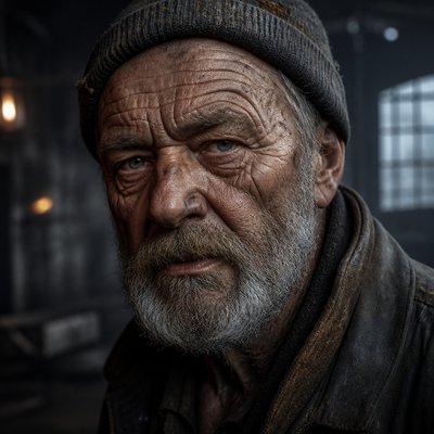 close-up portrait of an elderly person with expressive weathered features