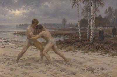 two athletes in briefs wrestle on a sandy beach
