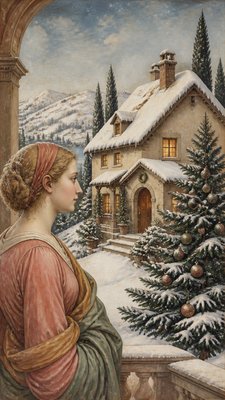 a snow-covered cottage with warm glowing windows beside a decorated pine tree, gentle snowfall, no text