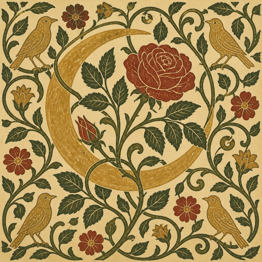 a rose entwined with a crescent moon, clean balanced composition on a plain background, no text