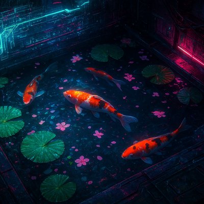 A koi pond seen from above, orange and white koi fish swimming among lily pads, clear water with subtle ripples, fallen cherry blossom petals floating on the surface, dappled sunlight