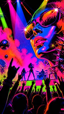 a live music scene with a glowing stage and silhouetted crowd, energetic vertical composition with open space at the top, no text