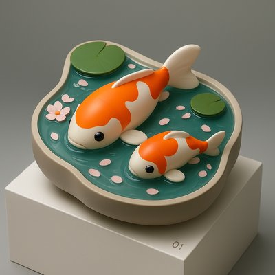 A koi pond seen from above, orange and white koi fish swimming among lily pads, clear water with subtle ripples, fallen cherry blossom petals floating on the surface, dappled sunlight