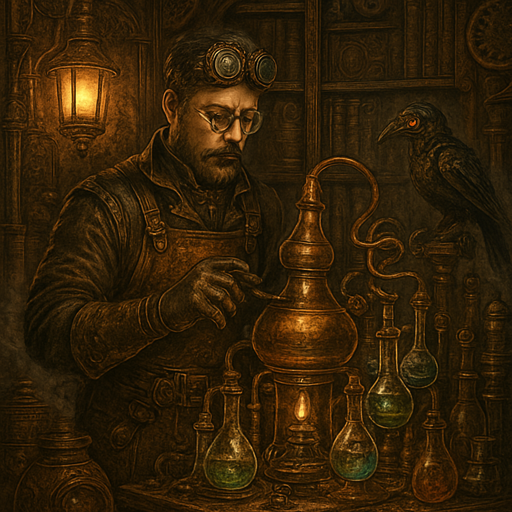 A steampunk alchemist stands in a cluttered workshop illuminated by the warm glow of gas lamps. He wears a leather apron adorned with brass buckles and a pair of intricate goggles perched on his forehead. His gloved hands tinker with a bubbling alembic connected by coiled copper tubes to a maze of glass vials filled with glowing, iridescent liquids. The background is a mix of Victorian elegance and industrial grit--ornate wooden shelves lined with dusty tomes and jars of exotic ingredients, alongside rusted gears and steam-powered contraptions whirring softly. A faint mist of steam rises from a brass furnace, and a mechanical raven with glowing red eyes perches on a nearby stand, observing the scene with curiosity.