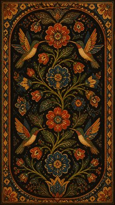 a climbing vine of flowers and hummingbirds on a dark background, tall wrapping composition, no text