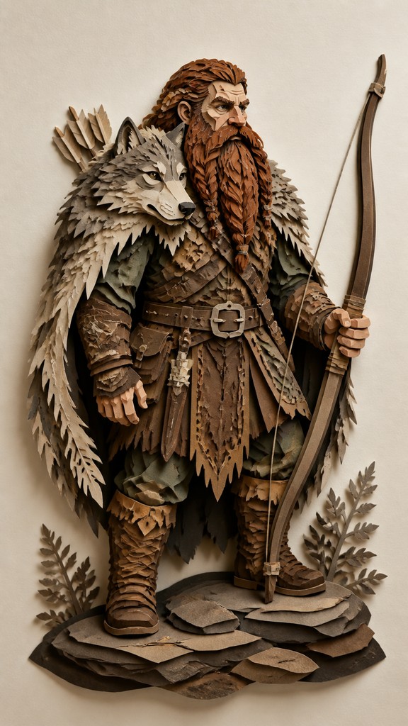 full-body original character: a dwarven ranger with a braided auburn beard, worn leather armor, a longbow and a wolf-pelt cloak, neutral background, no text