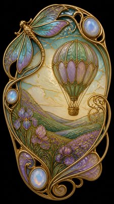 a hot air balloon drifting over rolling flower fields on a sunny day, cheerful, no text
