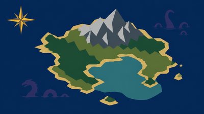 a map of an island realm with mountains, forests, a sheltered bay, sea monsters in the water and a compass rose, no text labels