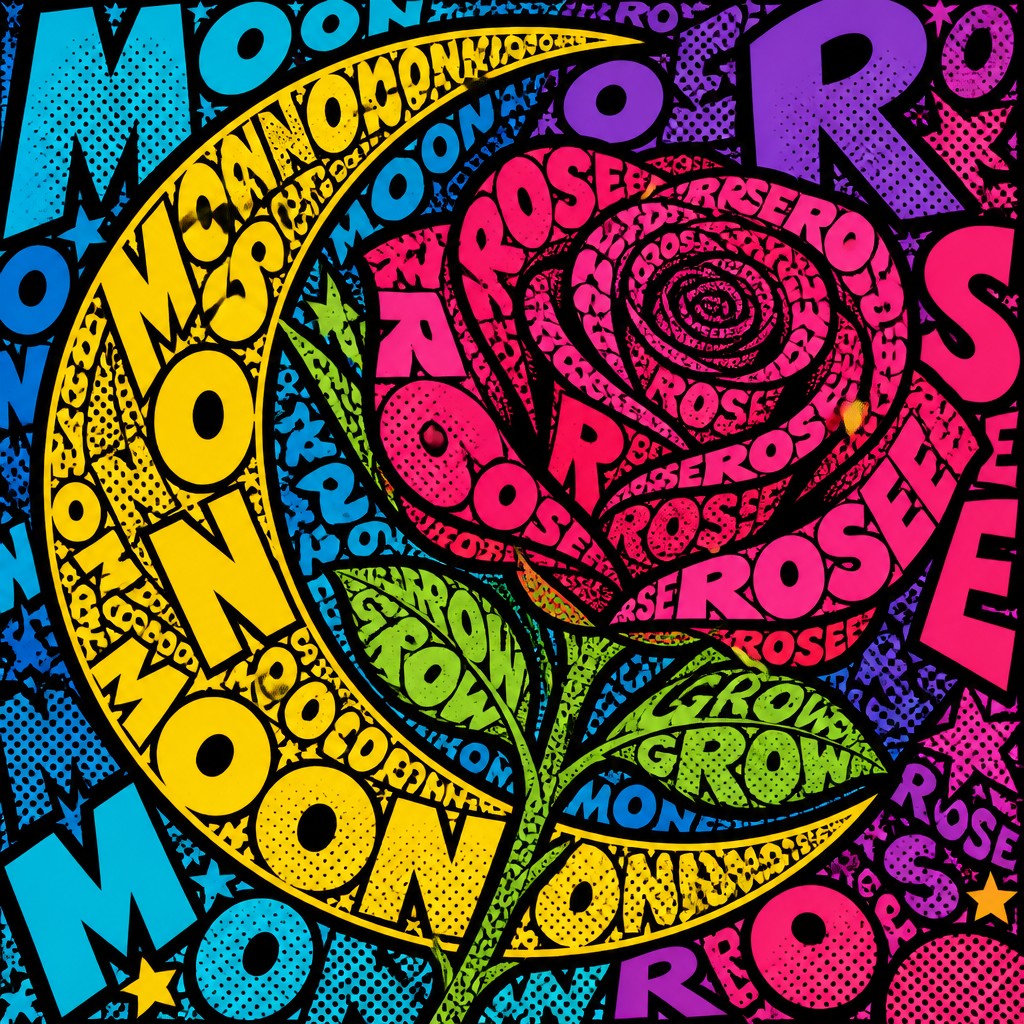 a rose entwined with a crescent moon, clean balanced composition on a plain background, no text