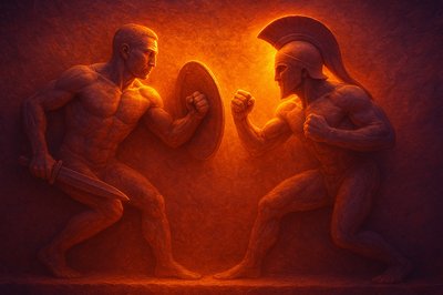 two statues of a man and a woman facing each other