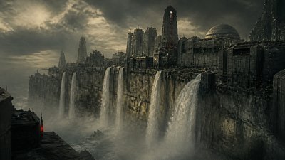 a cliffside city with waterfalls cascading into a misty canyon, wide establishing shot, no people, no text