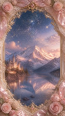 a tranquil mountain lake beneath a starry night sky, no people, no text