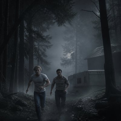 Ok tu me fait 2 personnages de roman , on va commencer avec un homme la vaingtaine dans la trentaine tres beau il est blond, il passe sa main dans ses cheveux, on voit le biceps il est en T-shirt blanc avec un jean à côté de lui, il se trouve un autre un homme dans les 40 ans, et alors là je veux que tu les cheveux noirs bouclé, sur les côtés, il a pas de lunettes il est en chemise, un daddy pas de barbe, pas de moustache. il a l’air d’être écrivant ou maire physiquement, il ressemble à tom loftis de widow bay , il a une chemise un peu démodé genre beige à carreaux  et je veux que par rapport à l’image, il soit vraiment tout en bas genre un vrai roman quoi les deux personnages sont vus de loin en bas avec une ambiance énorme Une ambiance assez froide avec un brouillard glaçant autour d’eux une forêt, un caravane je sais pas une ambiance vraiment inquiétante et vraiment je veux une ambiance comme si on parlait d’un roman genre le blond au milieu. On dirait qu’il court tous les deux ou qu’il fuit comme dans sa roman. En fait derrière eux l’ambiance angoissante ils sont devant.