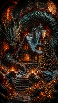 a snow-covered cottage with warm glowing windows beside a decorated pine tree, gentle snowfall, no text