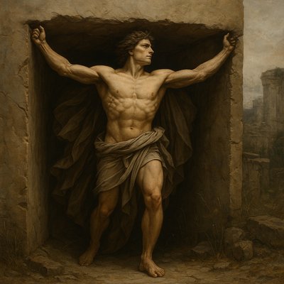 a painting of a man standing in a cave