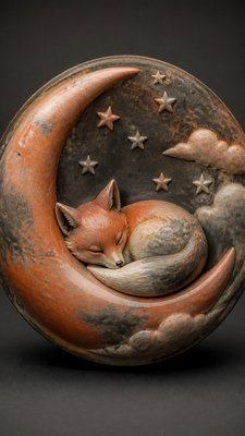 a sleeping baby fox curled on a crescent moon among soft stars, gentle and warm, no text