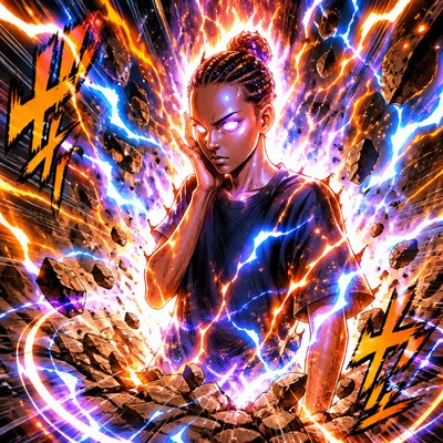 a woman in a black shirt surrounded by lightning