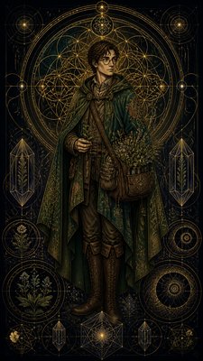 full-body original character: a wandering botanist with a satchel of plants, a patched green cloak, tall boots and round glasses, neutral background