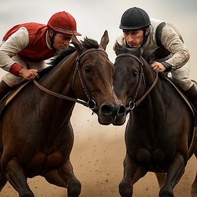 Seabiscuit vs. War Admiral (The Gaze)

    A hyper-realistic, high-resolution photograph capturing the apex of the 1938 match race between Seabiscuit and War Admiral.

    Focus: The composition is tight, showing both horses running neck-and-neck, dominating the frame. The camera angle is side-on and slightly low, emphasizing their size and muscle. The critical focus is on the space between the horses' heads as they are running stride for stride.

    Details: War Admiral (the dark bay) should show determination and slight surprise, with his head stretched out. Seabiscuit (the smaller bay) should display his characteristic "game" look—intense, focused, and seemingly looking directly into War Admiral's eyes (or toward his rival). Both jockeys (Red Pollard or George Woolf for Seabiscuit; Charles Kurtsinger for War Admiral) are visible, leaning low and urging their mounts on.

    Atmosphere: The light should be bright but slightly diffused, suggesting an autumn afternoon at Pimlico. Dust and track debris are kicked up behind them, blurred slightly by the horses' tremendous speed. The image must convey the raw power, intense rivalry, and the exact moment when the smaller horse asserts his dominance.

    Style: Cinematic photography, realistic texture, sharp focus on the horses' eyes and muscle definition.