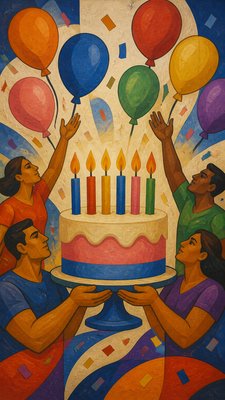 a birthday cake with lit candles surrounded by balloons and confetti, festive vertical composition, no text