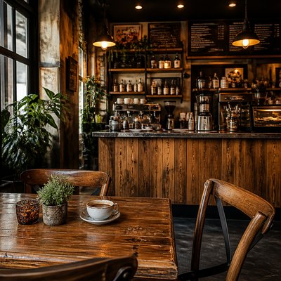 cozy cafe interior with warm lighting