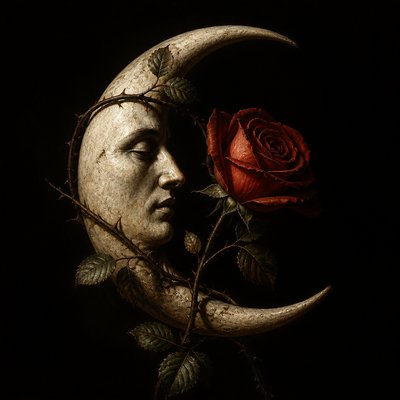 a rose entwined with a crescent moon, clean balanced composition on a plain background, no text