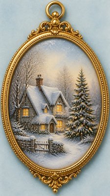 a snow-covered cottage with warm glowing windows beside a decorated pine tree, gentle snowfall, no text