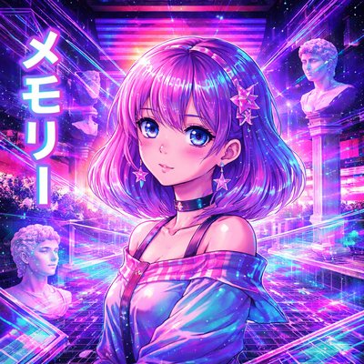 Vaporwave portrait of a retro anime girl with glitch effects, surrounded by floating busts and neon grids, cyan and magenta palette, surreal 80s mall aesthetic