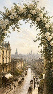 an arch of white roses and eucalyptus in soft morning light, elegant vertical composition with open space, no text
