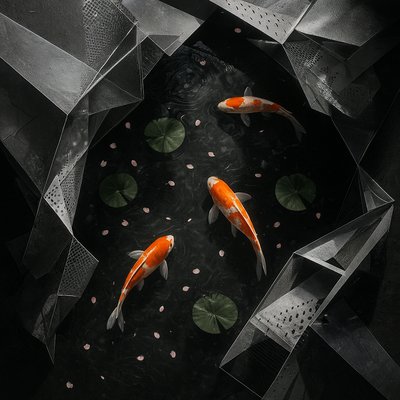 A koi pond seen from above, orange and white koi fish swimming among lily pads, clear water with subtle ripples, fallen cherry blossom petals floating on the surface, dappled sunlight