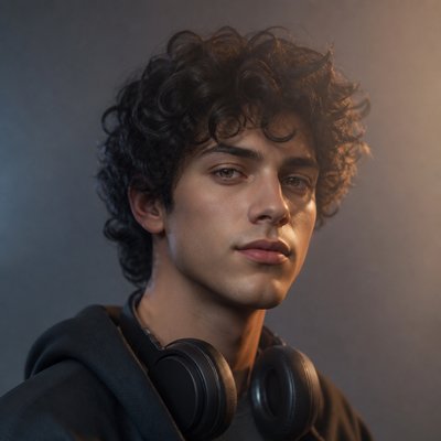 head-and-shoulders portrait of an original character: a young man with curly dark hair and headphones around his neck, plain backdrop, no text