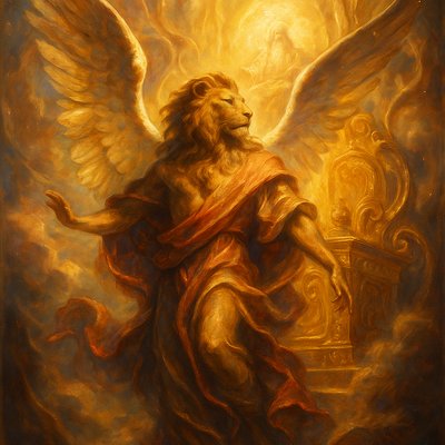 A mystical fantasy angel with a lion head standing at God's throne in heaven, with suspense and serenity. Vibrant colors that immediately catch the eye, and soft lighting envelops the scene, enhancing its ethereal beauty. The angel strikes a graceful pose, signifying freedom and power. Dreamlike quality, a world of imagination and enchantment