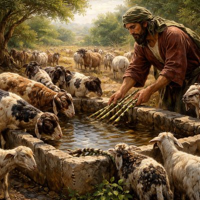 “And Jacob took him rods of green poplar, and of the hazel and chesnut tree; and pilled white strakes in them, and made the white appear which was in the rods. And he set the rods which he had pilled before the flocks in the gutters in the watering troughs when the flocks came to drink, that they should conceive when they came to drink. And the flocks conceived before the rods, and brought forth cattle ringstraked, speckled, and spotted. And Jacob did separate the lambs, and set the faces of the flocks toward the ringstraked, and all the brown in the flock of Laban; and he put his own flocks by themselves, and put them not unto Laban's cattle. And it came to pass, whensoever the stronger cattle did conceive, that Jacob laid the rods before the eyes of the cattle in the gutters, that they might conceive among the rods. But when the cattle were feeble, he put them not in: so the feebler were Laban's, and the stronger Jacob's. And the man increased exceedingly, and had much cattle, and maidservants, and menservants, and camels, and asses.” (Genesis 30:37-43, KJV)
