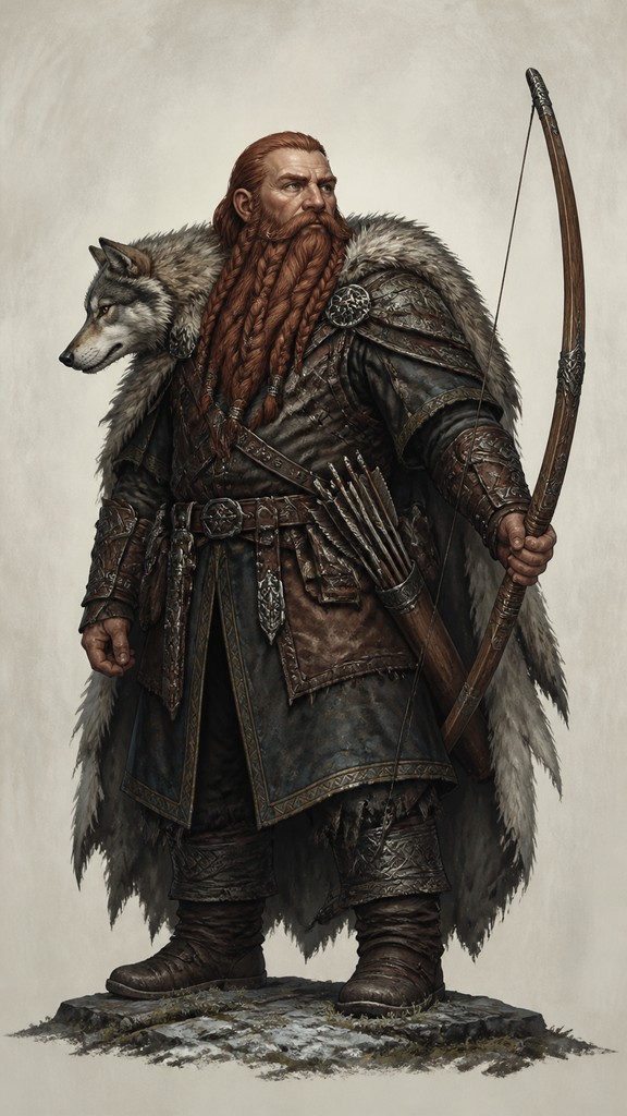 full-body original character: a dwarven ranger with a braided auburn beard, worn leather armor, a longbow and a wolf-pelt cloak, neutral background, no text