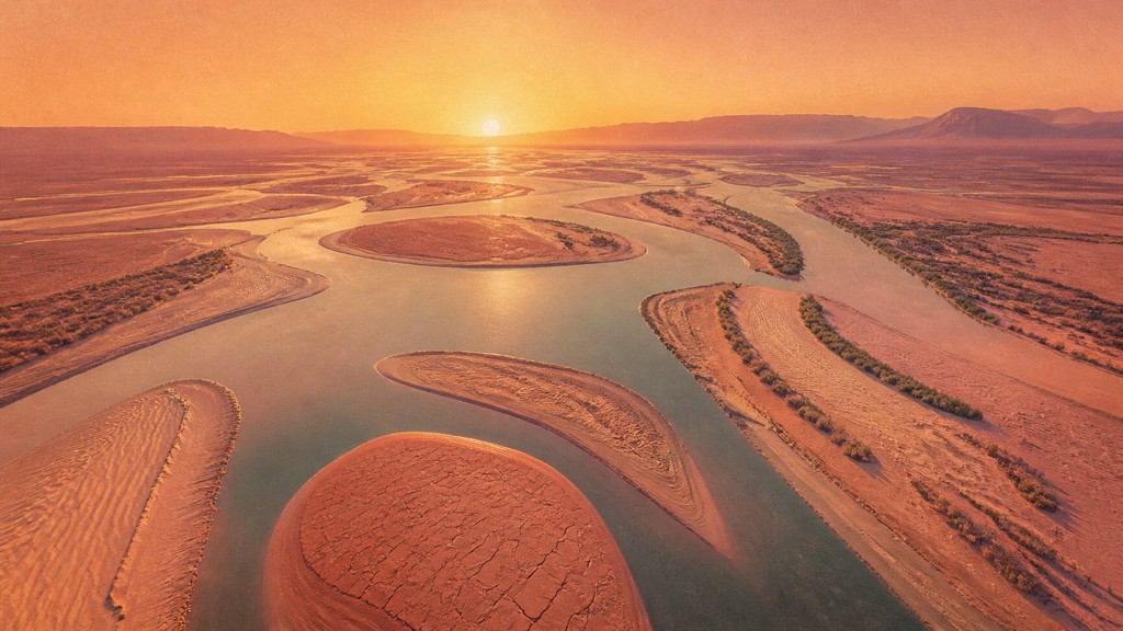 a wide river delta seen from above at sunset, no people