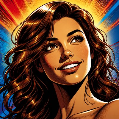 head-and-shoulders portrait of an original character: a young woman with wavy chestnut hair and a warm smile, plain soft backdrop