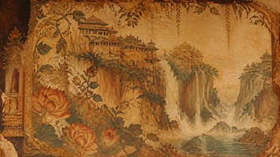 a cliffside city with waterfalls cascading into a misty canyon, wide establishing shot, no people, no text