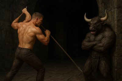 a painting of a man holding a stick next to a demon