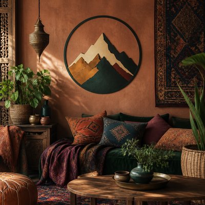 an emblem of a mountain peak inside a circle, simple bold shapes on a plain background, no text or lettering