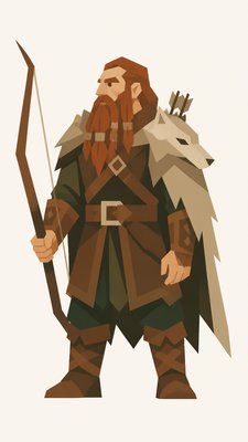 full-body original character: a dwarven ranger with a braided auburn beard, worn leather armor, a longbow and a wolf-pelt cloak, neutral background, no text